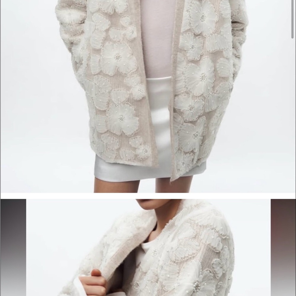 Zara sweater small Floral Embroidered Cream Coat